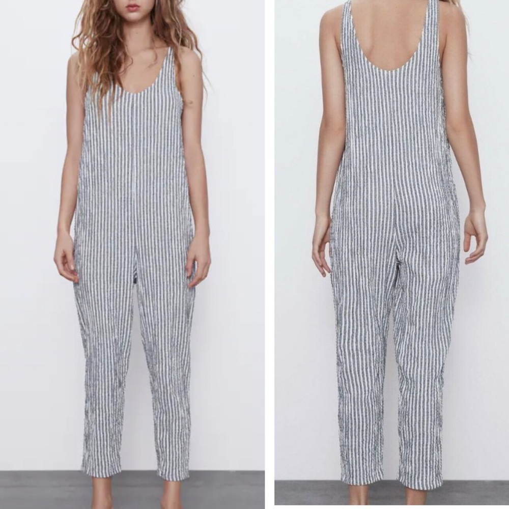 Zara Textured Striped Jumpsuit Black White